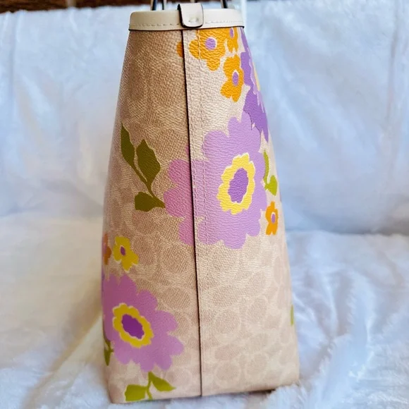 Coach Beige Floral Canvas Tote with Purple and Yellow Flowers - Picture 3 of 10